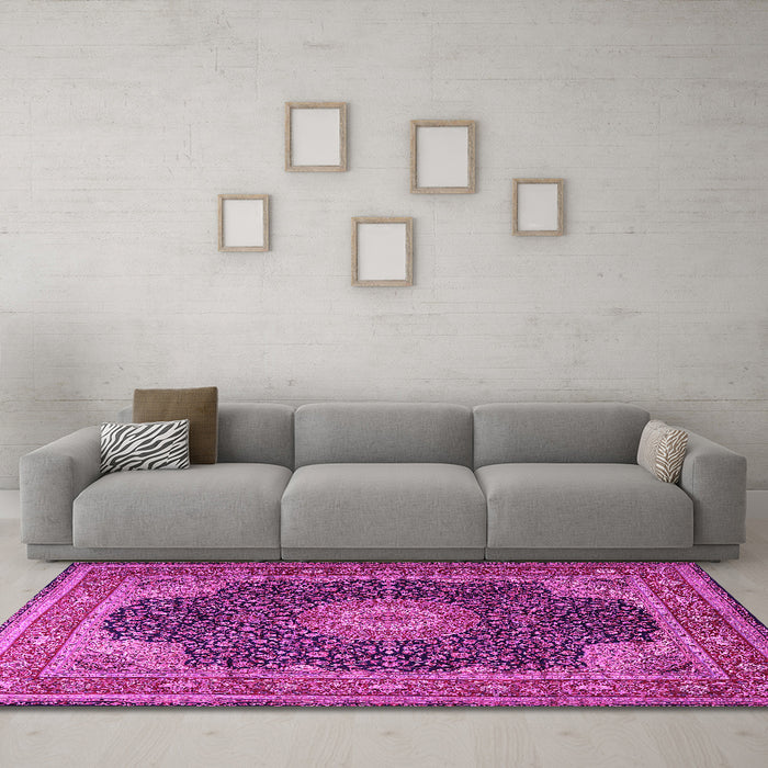 Machine Washable Medallion Pink Traditional Rug in a Living Room, wshtr2203pnk