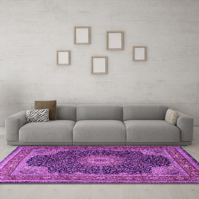 Machine Washable Medallion Purple Traditional Area Rugs in a Living Room, wshtr2203pur
