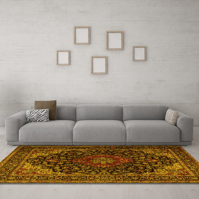 Machine Washable Persian Yellow Traditional Rug in a Living Room, wshtr2204yw