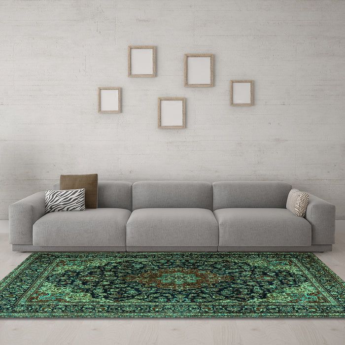 Machine Washable Persian Turquoise Traditional Area Rugs in a Living Room,, wshtr2204turq