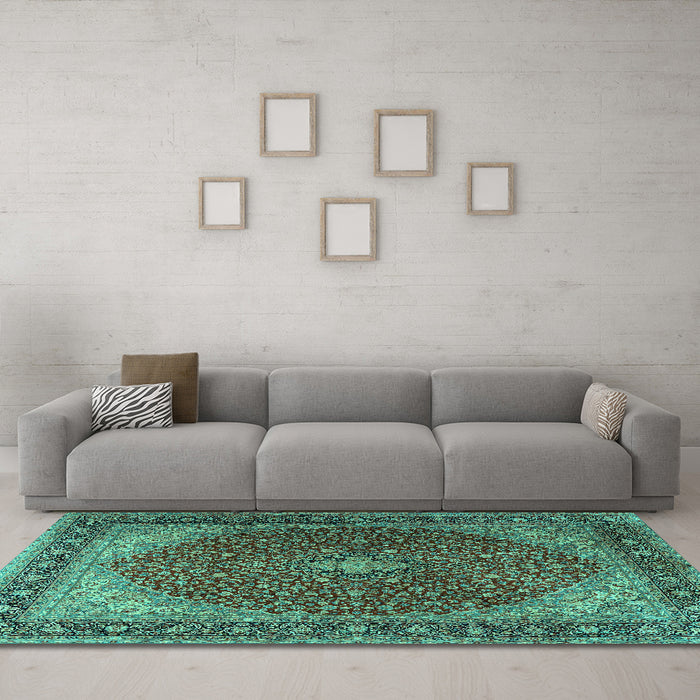 Machine Washable Persian Turquoise Traditional Area Rugs in a Living Room,, wshtr2205turq