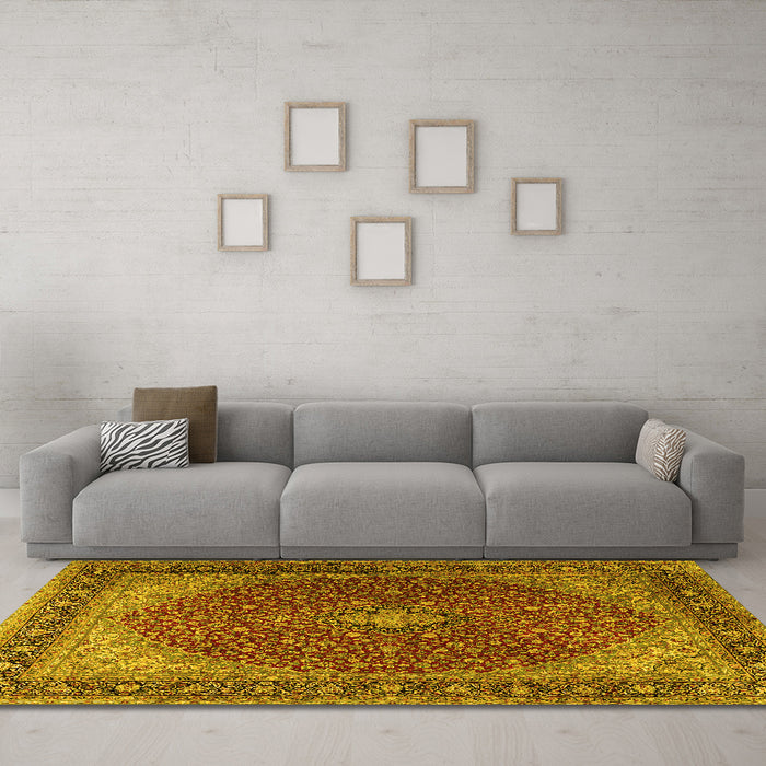 Machine Washable Persian Yellow Traditional Rug in a Living Room, wshtr2205yw