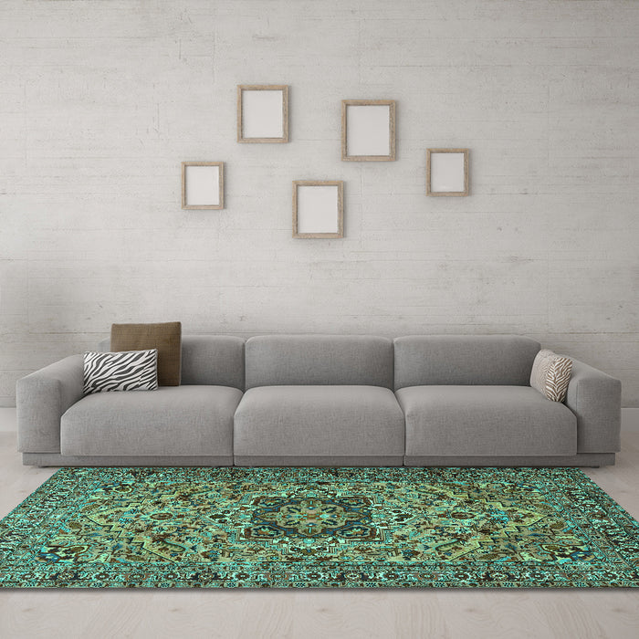 Machine Washable Persian Turquoise Traditional Area Rugs in a Living Room,, wshtr2206turq