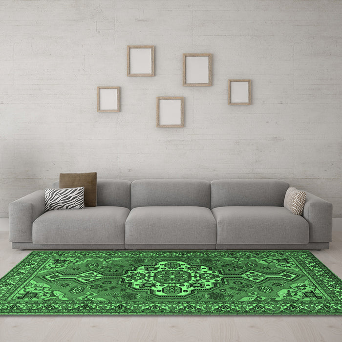 Machine Washable Persian Emerald Green Traditional Area Rugs in a Living Room,, wshtr2207emgrn