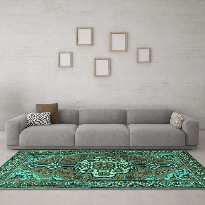 Machine Washable Persian Turquoise Traditional Area Rugs in a Living Room,, wshtr2207turq