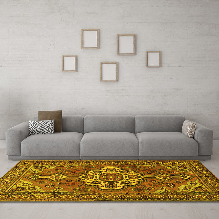 Machine Washable Persian Yellow Traditional Rug in a Living Room, wshtr2207yw