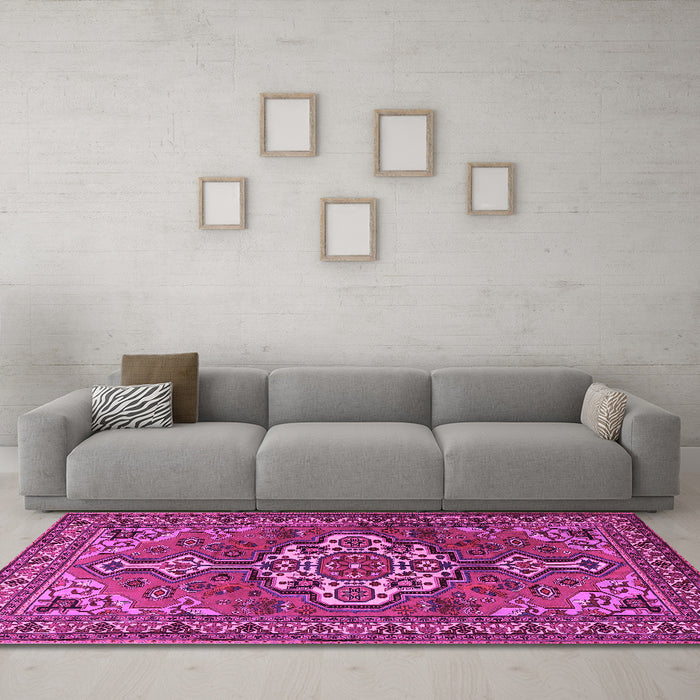 Machine Washable Persian Pink Traditional Rug in a Living Room, wshtr2207pnk