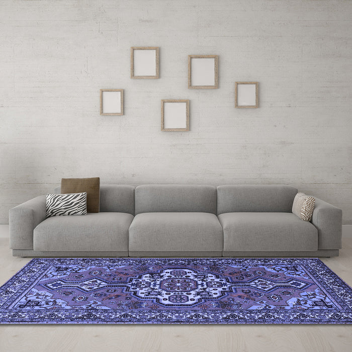 Machine Washable Persian Blue Traditional Rug in a Living Room, wshtr2207blu