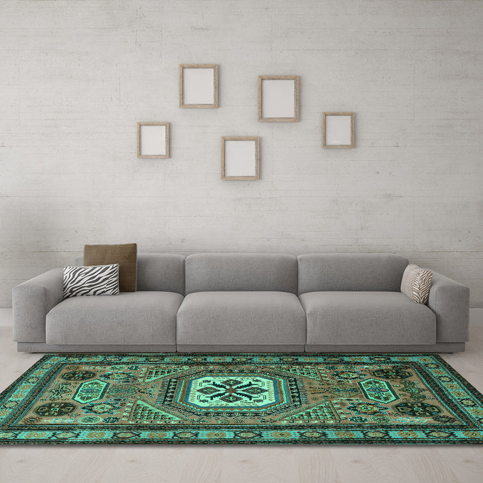 Machine Washable Persian Turquoise Traditional Area Rugs in a Living Room,, wshtr2208turq