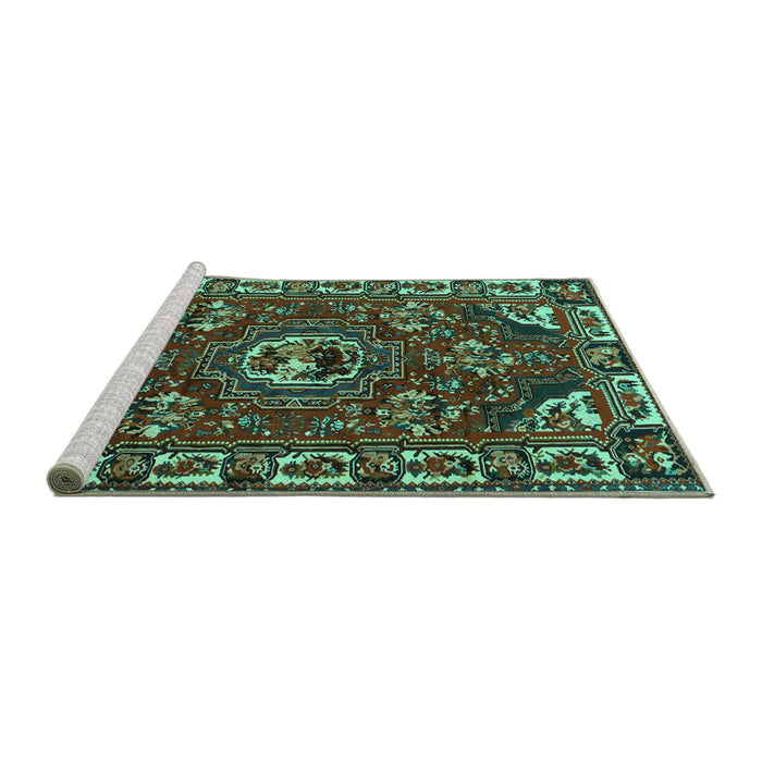Sideview of Machine Washable Persian Turquoise Traditional Area Rugs, wshtr2209turq