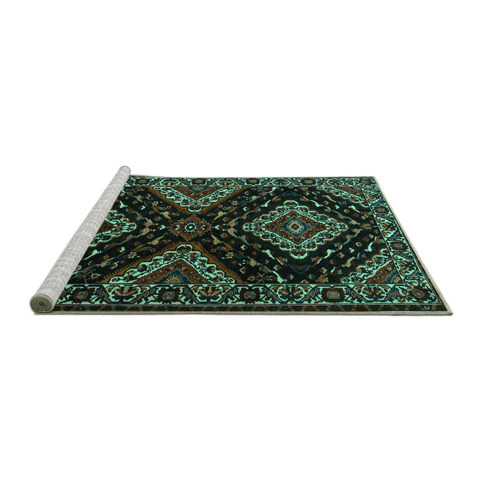 Sideview of Machine Washable Persian Turquoise Traditional Area Rugs, wshtr2210turq