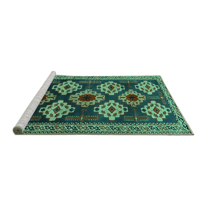 Sideview of Machine Washable Persian Turquoise Traditional Area Rugs, wshtr2211turq
