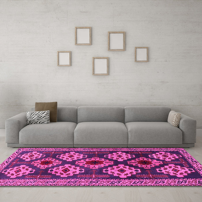 Machine Washable Persian Pink Traditional Rug in a Living Room, wshtr2211pnk