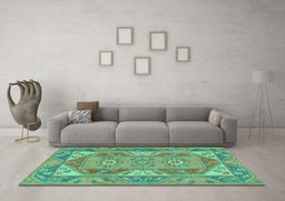 Machine Washable Oriental Turquoise Traditional Area Rugs in a Living Room,, wshtr2212turq