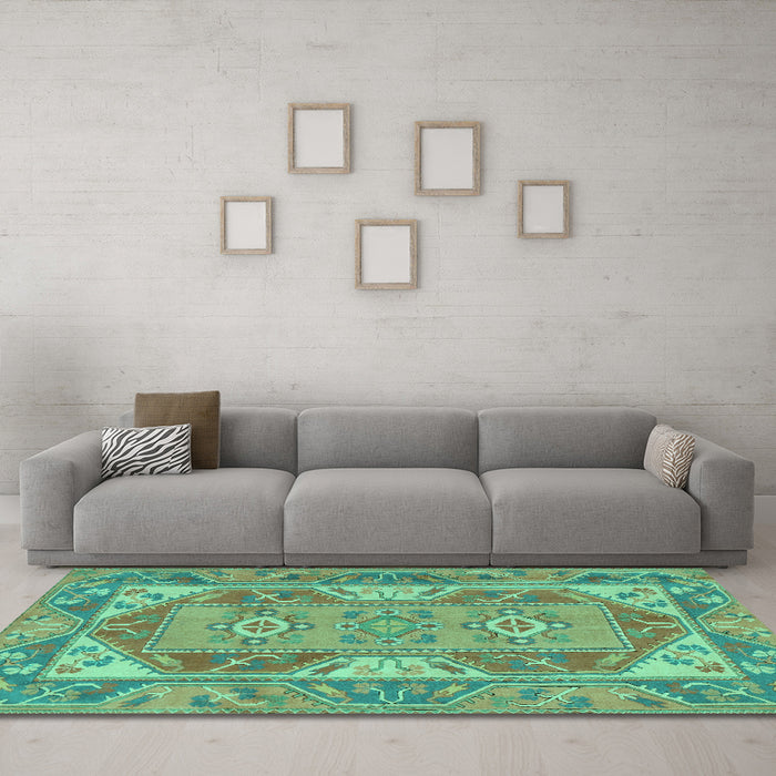 Machine Washable Oriental Turquoise Traditional Area Rugs in a Living Room,, wshtr2212turq