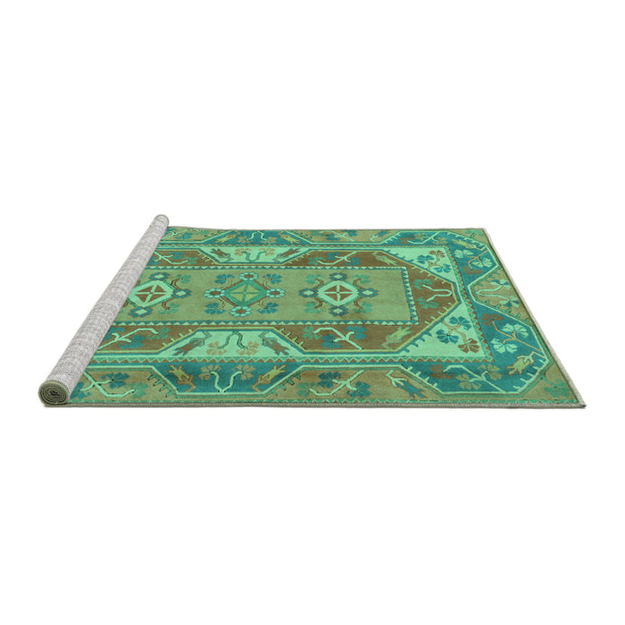 Sideview of Machine Washable Oriental Turquoise Traditional Area Rugs, wshtr2212turq