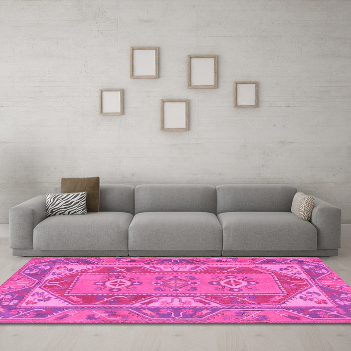 Machine Washable Oriental Pink Traditional Rug in a Living Room, wshtr2212pnk