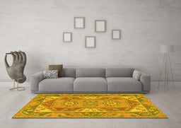 Machine Washable Oriental Yellow Traditional Rug in a Living Room, wshtr2212yw