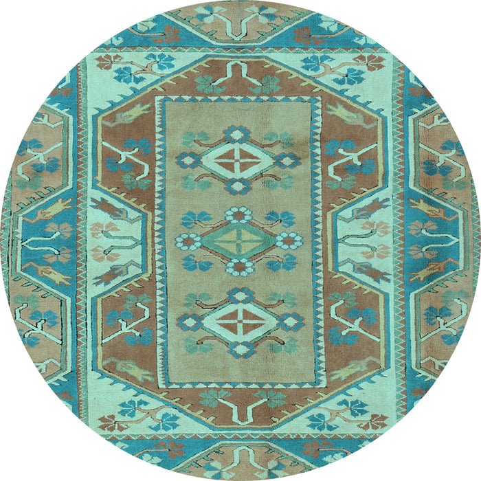 Round Machine Washable Oriental Light Blue Traditional Rug, wshtr2212lblu