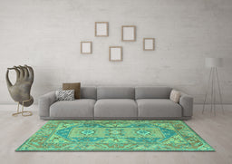 Machine Washable Oriental Turquoise Traditional Area Rugs in a Living Room,, wshtr2213turq