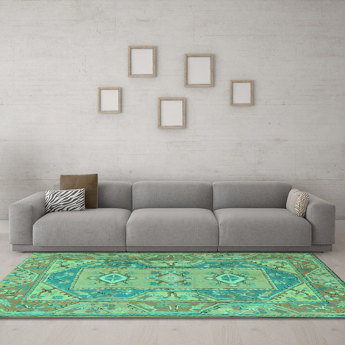 Machine Washable Oriental Turquoise Traditional Area Rugs in a Living Room,, wshtr2213turq