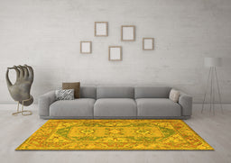 Machine Washable Oriental Yellow Traditional Rug in a Living Room, wshtr2213yw