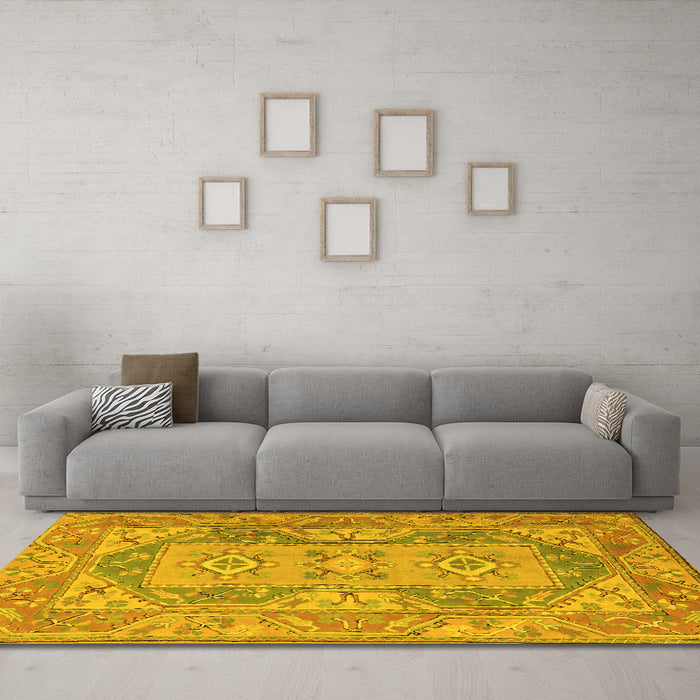 Machine Washable Oriental Yellow Traditional Rug in a Living Room, wshtr2213yw