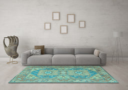 Machine Washable Oriental Light Blue Traditional Rug in a Living Room, wshtr2213lblu