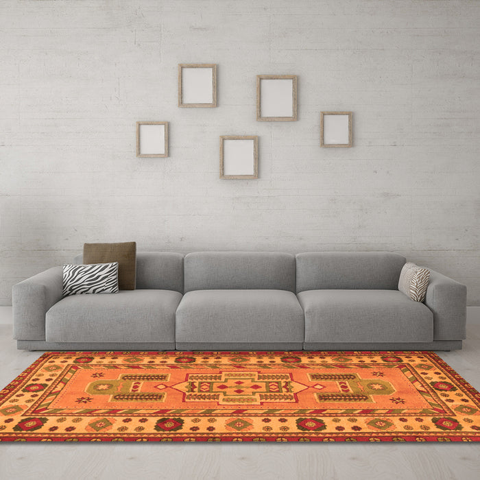 Machine Washable Oriental Orange Traditional Area Rugs in a Living Room, wshtr2214org
