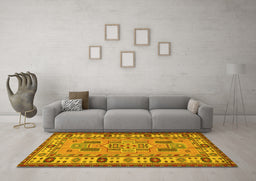 Machine Washable Oriental Yellow Traditional Rug in a Living Room, wshtr2214yw