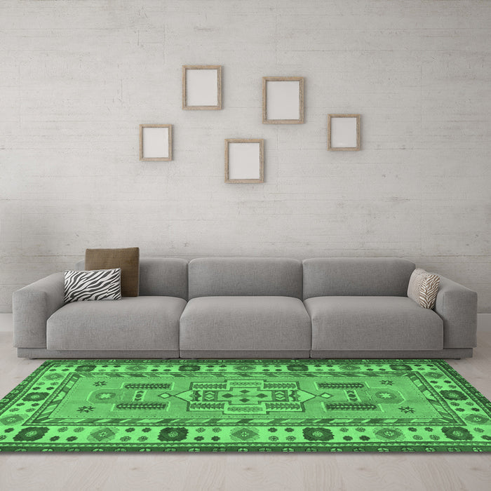Machine Washable Oriental Emerald Green Traditional Area Rugs in a Living Room,, wshtr2214emgrn