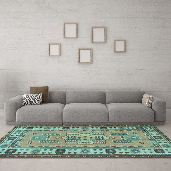 Machine Washable Oriental Light Blue Traditional Rug in a Living Room, wshtr2214lblu