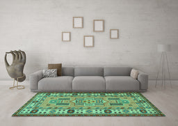 Machine Washable Oriental Turquoise Traditional Area Rugs in a Living Room,, wshtr2214turq