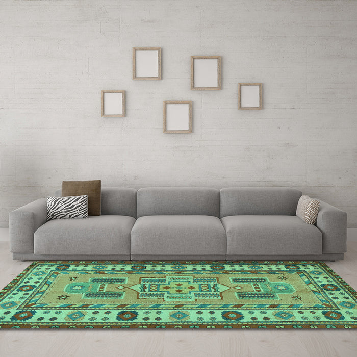 Machine Washable Oriental Turquoise Traditional Area Rugs in a Living Room,, wshtr2214turq