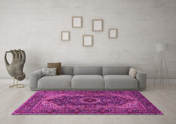 Machine Washable Medallion Pink Traditional Rug in a Living Room, wshtr2215pnk