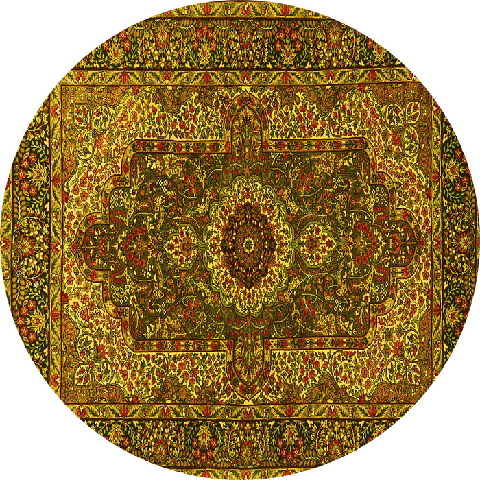 Round Machine Washable Medallion Yellow Traditional Rug, wshtr2215yw