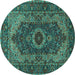 Round Machine Washable Medallion Turquoise Traditional Area Rugs, wshtr2215turq