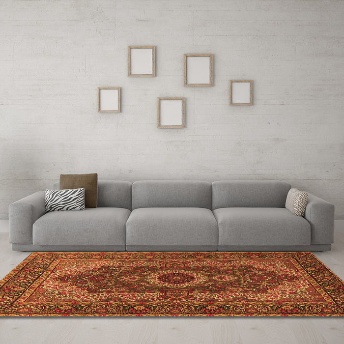 Machine Washable Medallion Orange Traditional Area Rugs in a Living Room, wshtr2215org