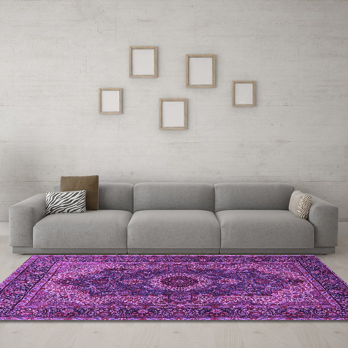 Machine Washable Medallion Purple Traditional Area Rugs in a Living Room, wshtr2215pur