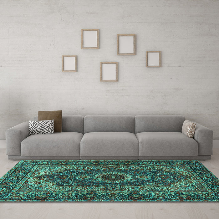 Machine Washable Medallion Turquoise Traditional Area Rugs in a Living Room,, wshtr2215turq