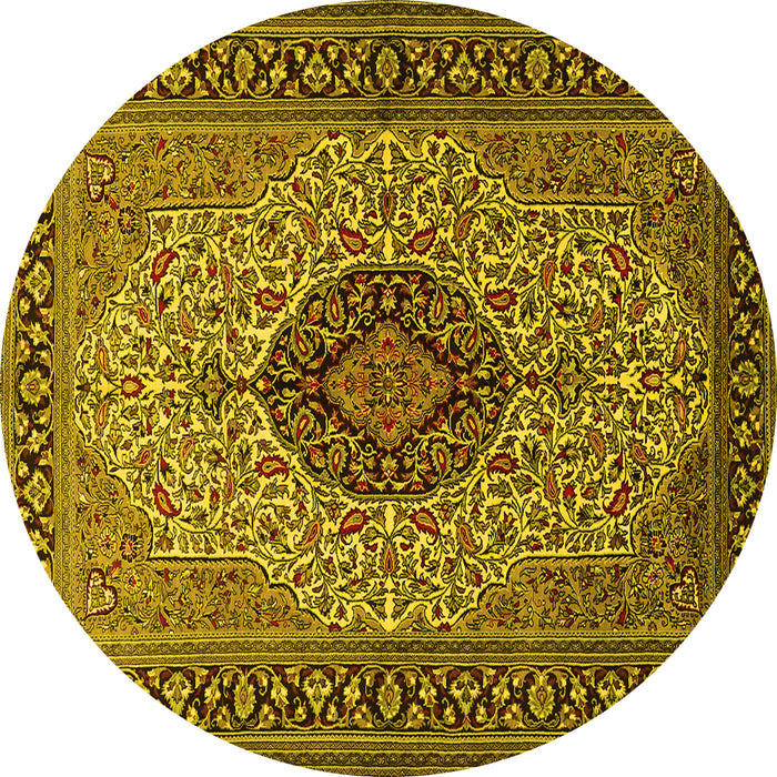 Round Machine Washable Medallion Yellow Traditional Rug, wshtr2216yw