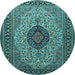 Round Machine Washable Medallion Light Blue Traditional Rug, wshtr2216lblu