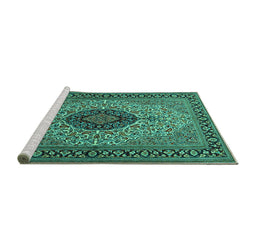 Sideview of Machine Washable Medallion Turquoise Traditional Area Rugs, wshtr2216turq