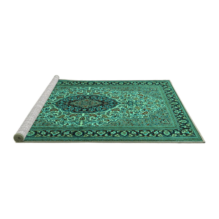 Sideview of Machine Washable Medallion Turquoise Traditional Area Rugs, wshtr2216turq