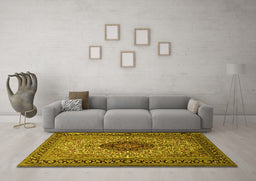 Machine Washable Medallion Yellow Traditional Rug in a Living Room, wshtr2216yw