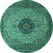 Round Machine Washable Medallion Turquoise Traditional Area Rugs, wshtr2216turq