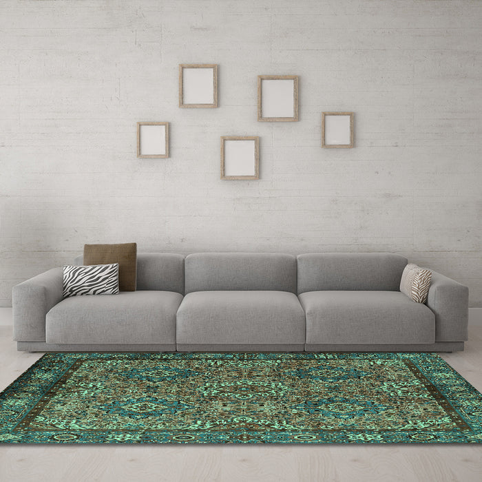 Machine Washable Persian Turquoise Traditional Area Rugs in a Living Room,, wshtr2217turq