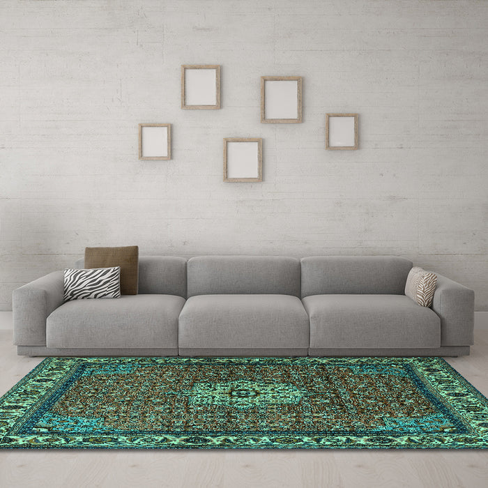 Machine Washable Persian Turquoise Traditional Area Rugs in a Living Room,, wshtr2218turq