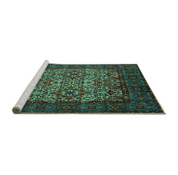 Sideview of Machine Washable Persian Turquoise Traditional Area Rugs, wshtr2219turq