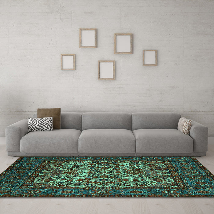 Machine Washable Persian Turquoise Traditional Area Rugs in a Living Room,, wshtr2219turq